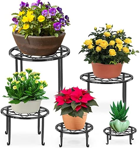 5 Pack Metal Plant Stands for Multiple Plant,Heavy Duty Flower Pot Stands for Outdoor Indoor Plants,Rustproof Iron Round Pot Shelf for Planter