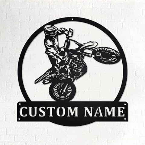 Custom Motocross Dirt Bike Metal Address Sign Trendy Metal Family Name Wall Sculptures Sign Gift for Visiting Front Door Porch Lobby Artistic Metal Motorbike Biker Wall Sculptures Decor Cover
