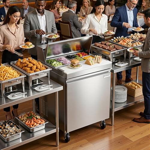 Image of BODEGACOOLER 27 inch W Sandwich Prep Table Refrigerator, 8.03 Cu.Ft Pizza Prep Table, Commercial Salad Bar with Single Stainless Steel Door, 8*1 /6 Pans, Cutting Board for Restaurant,Home,Cafe,Bakery