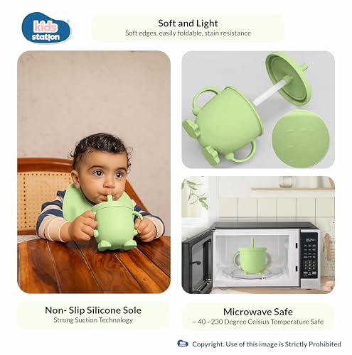 Image of Kids Station 8-Piece Silicone Baby Feeding Set | Suction Bowl, Plate, Bib, Cup, Spoon & Fork | 100% Food Grade BPA-Free Silicone | Non-Slip, Easy to Clean (Pack of 8, Green)