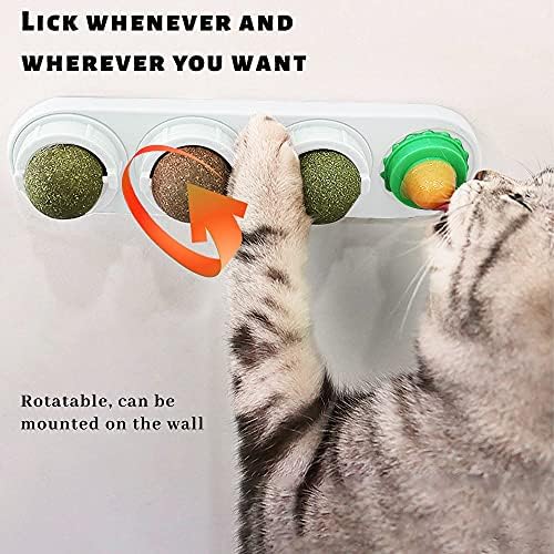 XiXiRan Catnip Wall Toys, Edible Balls Catnip, 4 in 1 Catnip Balls Toy for Cats, Catnip Edible Balls, Self-Adhesive Edible Catnip Toys, Natural Rotatable Licking Treats Toys, Chew to Clean Teeth