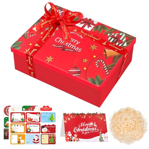 Image of FICOFISE Christmas Boxes with Lids, Luxury Gift Boxes for Presents - 11.3x8.2x4.1in Sturdy Foldable Cardboard Box, Includes Xmas Stickers, Card & Raffia, Christmas Party Favor Supplies (Red)
