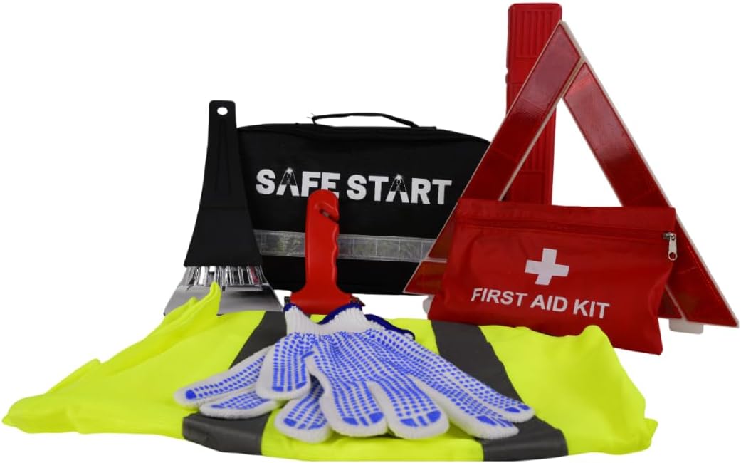 Jumper Cable + Safety Kit | Heavy Duty Jumper Cables for Trucks, SUV | Car Safety Kit with First Aid, Safety Hammer, Reflectors, Gloves, Ice Shovel