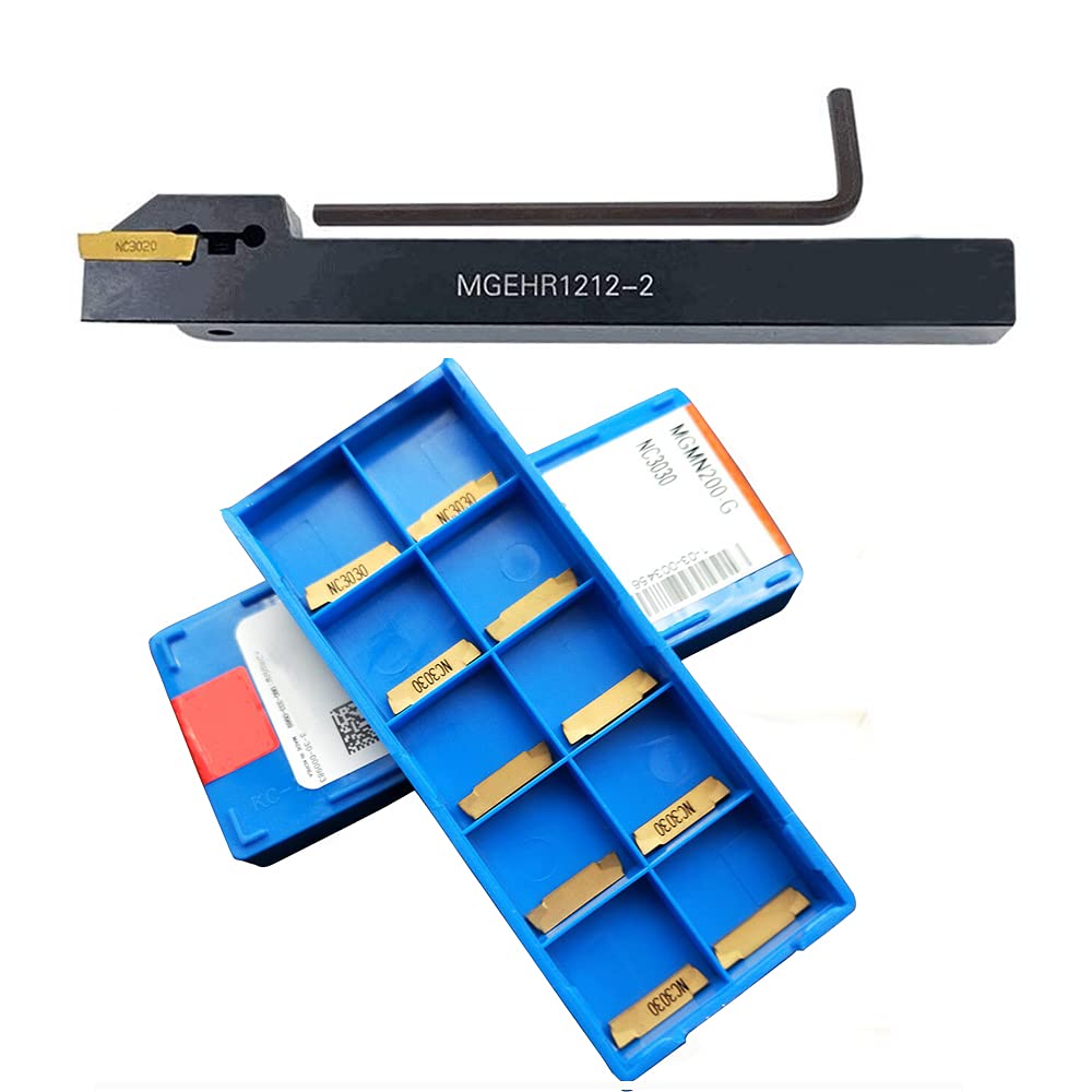 GBJ MGEHR1212-2 Grooving Tool Holder Cutter Holder with 10pcs MGMN200 MGMN200-G Tin Coated Carbide Grooving Inserts 2mm Wide Grooving Carbide Inserts Lathe Cutters Lathe Grooving Cut-Off Tool…