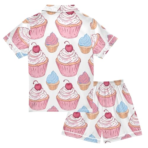 ALAZA Cupcake Cherry Fruit Stylish Pajamas Satin Pajama Set Short Sleeve Button Down Sleepwear2
