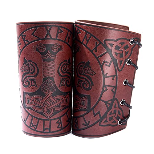 2 pcs Bracelets en Cuir Viking Gauntlet, Brassards Nordiques Brassards de Tir à l'arc en Relief Marteau de Thor Bracelets en Cuir Médiévaux, Bracelet de Manchette Rétro pour Homme Femme Cover