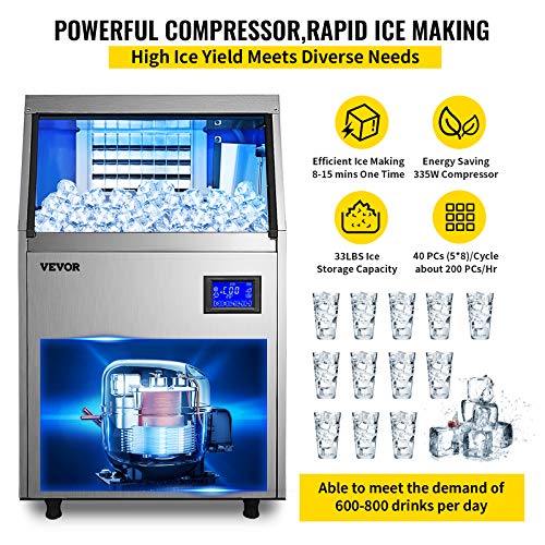 Vevor 110V Commercial Ice Maker 110-120Lbs/24H With 33Lbs Bin And Electric Water Drain Pump, Clear Cube, Stainless Steel Construction, Auto Operation, Include Water Filter 2 Scoops And Connection Hose #TOP1