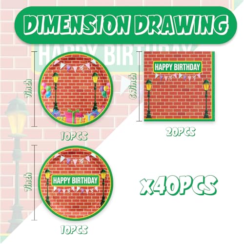 Aulecoo 40Pcs Sesame Friends Street Birthday Party Supplies Sesame Plates Napkins Tableware Dinnerware for Kids Boys Girls Birthday Baby Shower Sesame Brick Wall Party