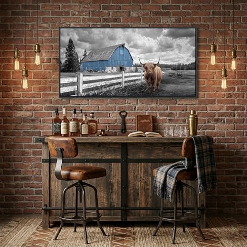Rustic Farmhouse Barn Wall Decor - Highland Cow Wall Art,Black and White Retro Landscape Picture,Vintage for Artwork,Canvas Painting for Living Room,Bedroom,Kitchen Decoration Framed Size 20×40 by YCPRIMER - Used condition - Image 4
