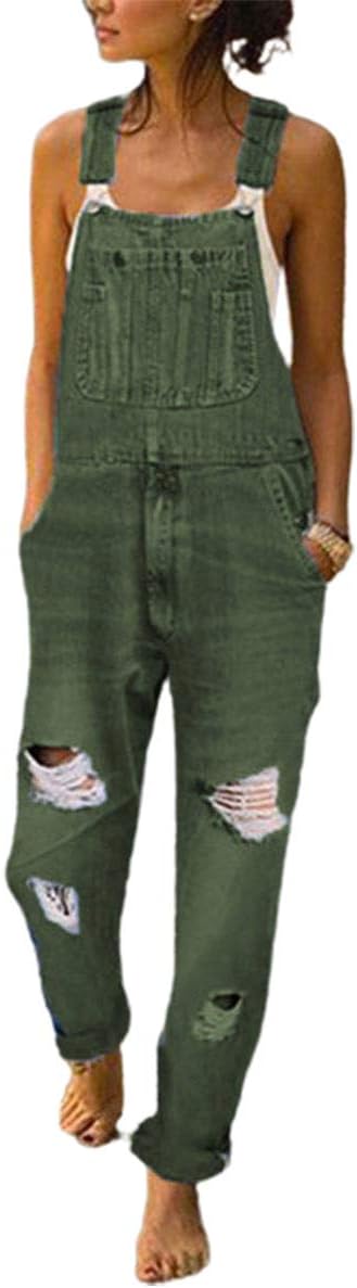 ebossy Women's Straight Leg Boyfriend Relaxed Fit Distressed Denim Bib Overall Jeans