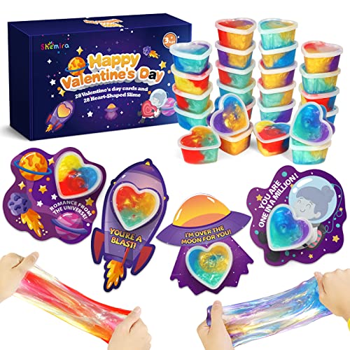 Valentines Day Cards for Kids- 28 Set of Heart Shape Galaxy Slime Toys and Cards Bulk for Valentine Exchange Gifts, Perfect School Classroom Valentines Party Favors,Valentine's Events and Prizes