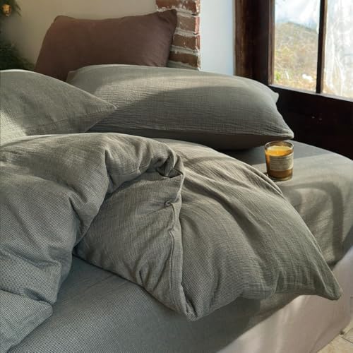 NSNLGSGC 100% Muslin Cotton Textured Duvet Cover Queen Size, Linen Like 2-Layer Mini Gingham Checked Lightweight and Breathable Muslin Bedding, Gauze Comforter Cover Set (Dark Green Checked, Queen)