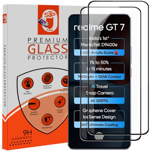 Image of STP FEEL Premium HD+ Tempered Glass Screen Protector Guard Compatible For Realme GT 7 5G (6.8 Inch, Pack of 2) | Edge to Edge Coverage With Easy to installation kit for Smartphone