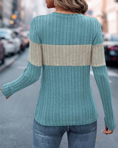 Image of SherryDC Women Long Sleeve Tunic Shirts Lightweight Thin Sweater Color Block Ribbed Casual Crewneck Fall Top