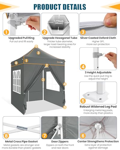 Image of HOTEEL 6.6x6.6 Heavy Duty Pop Up Canopy Tent for Parties Event Wedding Commercial Instant Canopy with Carry Bag, Party Tent Waterproof UV 50+&Windproof, Upgraded Thick Hexagonal Legs, Gray