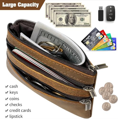 Real Leather Coin Purse for Men Genuine Real Leather Zippered Keychain Wallet Pouch for Coins (Blue)3