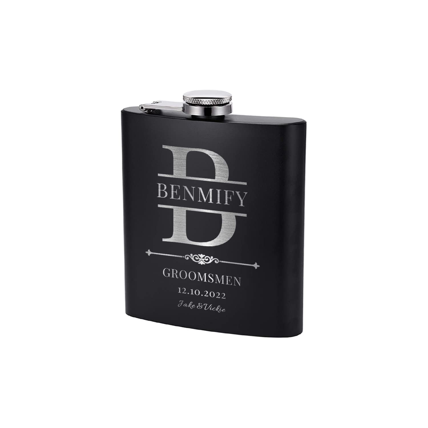 Groomsmen Personalized Flask, Only 1 Groomsman Gift for Wedding, Custom Engraved 6 oz Hip Flasks for Best Man, Groom Father and Bachelor Party Team w Optional Gift Box