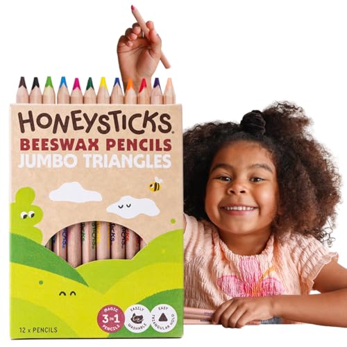 Honeysticks Jumbo Triangle Colored Pencils (12 Pack) - Preschool Pencil with Non-Toxic Beeswax Core Large Triangular Shape Easy Grasp Bright Colors Toddler Coloring and Drawing Kids 1-3 2-4 3-5