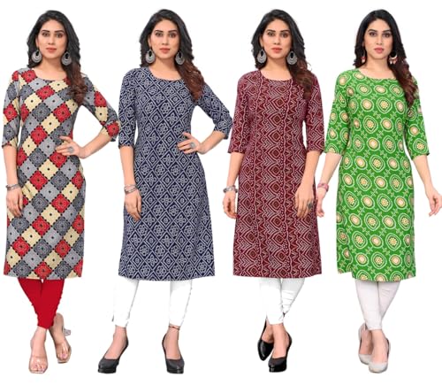 Image of JAKHANA Women's Crepe Printed Casual Straight Calf Length Round Nick Kurta Pack of 4