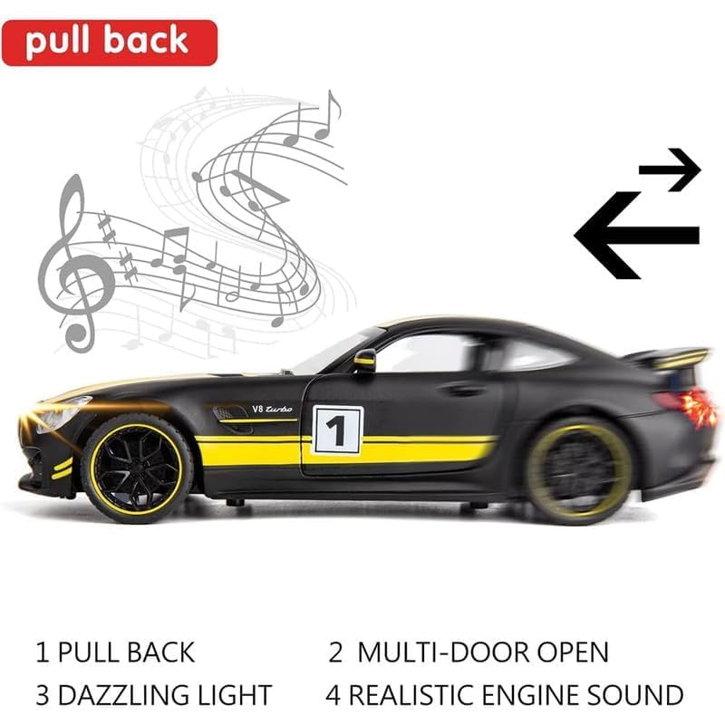 Image of Kids Model 1:24 Benz AMG GTR Die Cast Metal Car Pull Back Action Opening Doors with Realistic Engine Sound Lights Toy Car Gift for Boys - Yellow