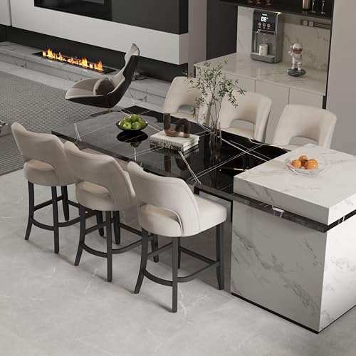Image of VKNOW Bar Stools Set of 6, 26 inch Upholstered Counter Height Bar Stools | Modern Counter Stools with Black Rubberwood Legs for Kitchen Island Dining Room Bar, Beige-Black Legs