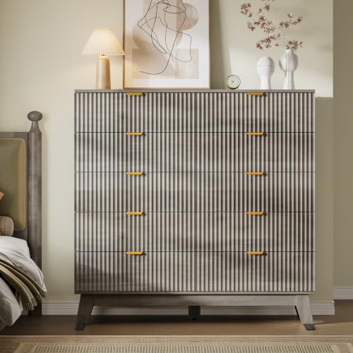 Image of BORNOON 46 inch Tall Dresser for Bedroom, 10-Drawer Fluted Chest of Drawers, Modern Wood Highboy with Metal Slides and Handles, Anti-Tip Kit, Vertical Clothes Storage Organizer for Apartment, Closet