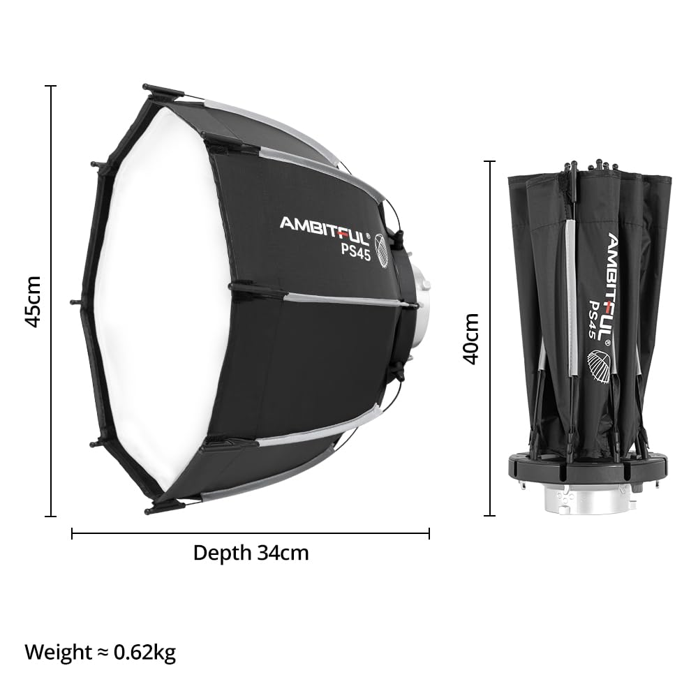 AMBITFUL Mini softbox a sgancio rapido da 45 cm, con supporto Bowens, pieghevole, installazione rapida con diffusori, griglia a nido d'ape, borsa (PS45)
