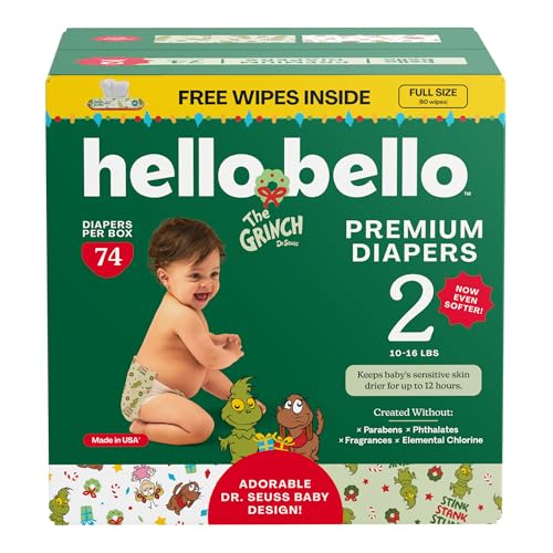 Image of Hello Bello Dr. Seuss Baby Grinch Premium Diapers, Size 2 (10-16 lbs), 74ct Plus Bonus Baby Wipes: Softness & Protection for Sensitive Skin