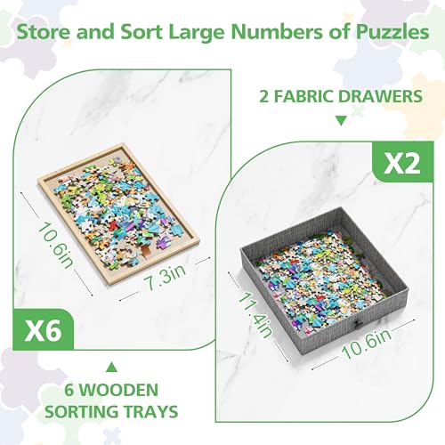Image of CODACE Puzzle Table with Drawers - 1500 Pieces Jigsaw Puzzles Table for Adults, Tilting Puzzle Board with 6 Sorting Trays and Cover, Tables with Adjustable Height Leg and Wheel, Puzzle Lover's Present