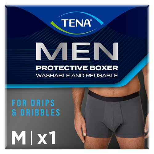 Tena Men Washable Mens Boxers Soft, Comfy and Secure Boxers for Drips and Dribbles Invisible Protection Light Absorption Pack of 1 Grey Size M