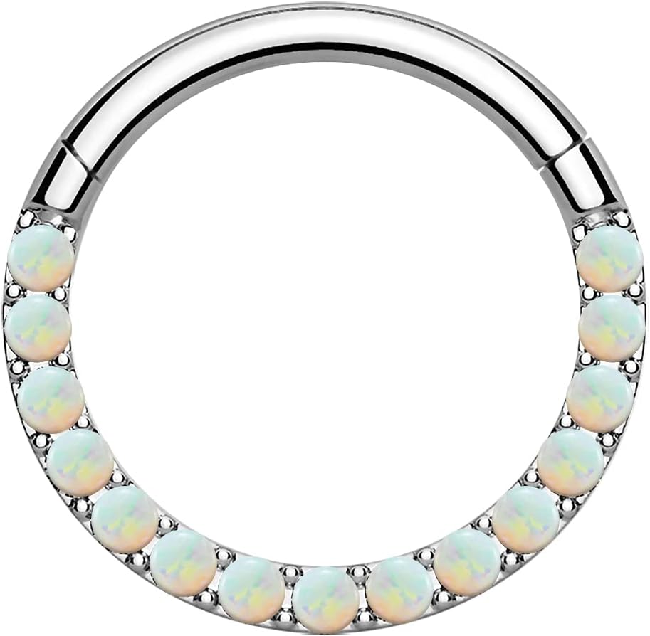 Pave Multi Natural Opal Stone 16 Gauge 316L Surgical Steel Hinged Clicker Segment Ring Ear Septum Tragus Helix Piercing Jewelry