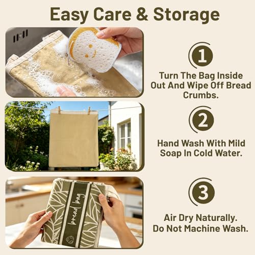 Uikherxn 2Pk Reusable Bees Wax Bread Bag - 100% Organic Beeswax Lining & Linen Cotton Outer - XL Foldable Bread Bags for Homemade Bread sourdough, Extra Cleaning Sponge (Antique Foliage & Stripe) — view 5