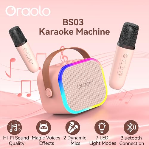 Image of Oraolo Karaoke Machine with 2 Wireless Microphones, Portable Mini Karaoke for Kids, Speaker Support Multi-Channel Connection, Funny Magical Sound Modes, Birthday Gifts for Girls Boys (Pink