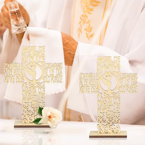 Image of Marsui 16 Pcs Wooden Baptism Centerpieces for Table, Recuerdos De Bautizo para Religious Catholic Table Decor for Christening Communion Baby Shower Wedding Vbs Sunday School Church(Angel with Cross)