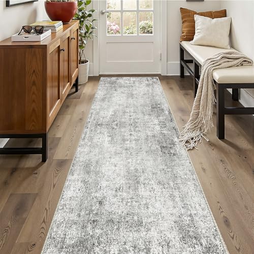 Washable Area Rugs 2'x10' Non-Slip Modern Abstract Soft for Living Room Entryway Bedroom Nursery, Print Pattern, Gray White Grey
