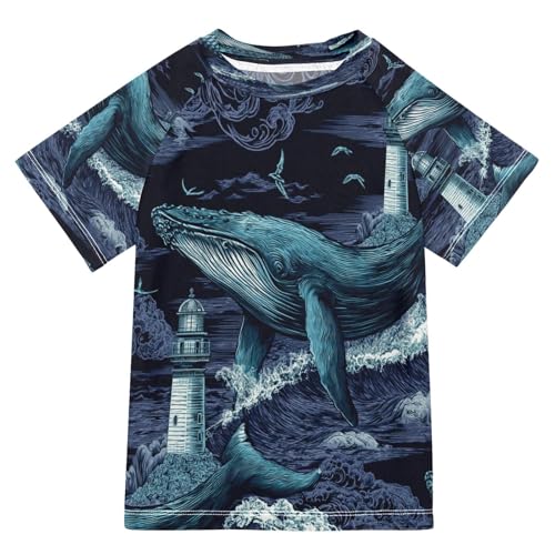 Boys Short Sleeve T-Shirts Whale Lighthouse Fish Rashguard Kids Swim Shirts Sun UPF 50+