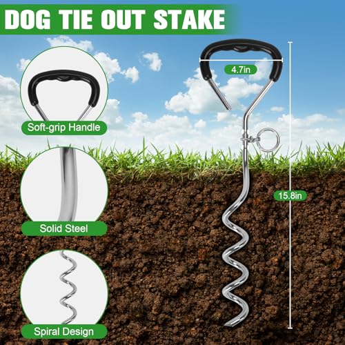 Image of Mihachi Dog Tie Out Stake and Long Dog Leash, Reflective Recall Training Lead Leash with Removable Handle, 15.8in Ground Stake, Ideal for Yard, Camping and Beach, Suitable for Large Dogs, Black 30FT
