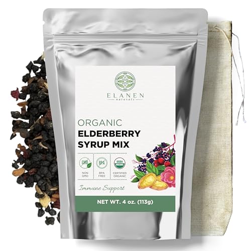 Elanen Naturals Organic Elderberry Syrup Kit, Makes up to 24 oz, Includes Natural Cotton Brew Bag, USDA Certified Organic Dried Elderberries and Immune Support Herbs, Bulk Kit, 4 oz. (113g)