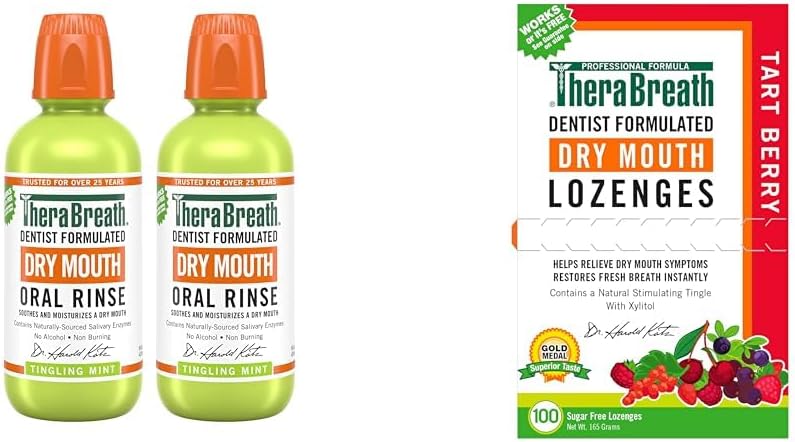 TheraBreath Dry Mouth Oral Rinse, Tingling Mint, Dentist Formulated, 16 Fl Oz (2-Pack) & Dry Mouth Lozenges with ZINC, Tart Berry Flavor, 100 Lozenges