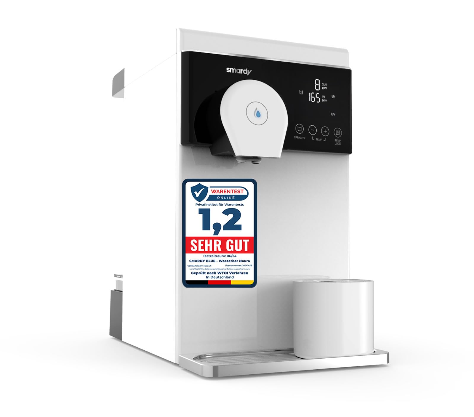 smardy blue noura Premium Auftisch Osmoseanlage mit UV-Sterilisation | Mobile Umkehrosmose ohne Wasseranschluss – 4 Temperaturstufen 15–90 °C, Smart-Touch-Display und QuickChange Filter