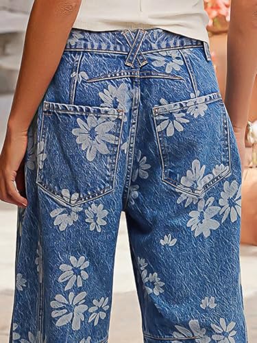 Flamingals Women's Floral Printed Criss Cross Mid Waist Stitch Detail Barrel Leg Jeans4