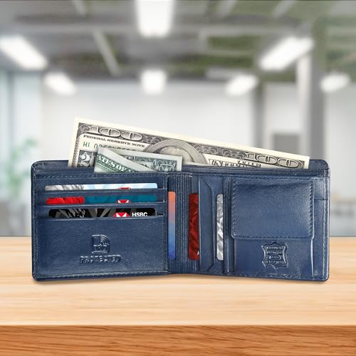 Genuine Leather Bifold Wallet for Men, Navy Blue, RFID Blocking, Multiple Credit Card Slots (Blue)2