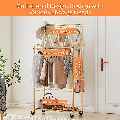 Ekisemio Double Rod Rolling Clothes Garment Rack, Heavy Duty Clothing Rolling Rack On Wheels For Hanging Clothes,With 4 Hooks, Gold #TOP3