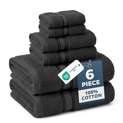 Image of Lane Linen Luxury Bath Towels Set - 6 Piece Set, 100% Cotton Bathroom Towels, Zero Twist, Quick Dry Shower Towels, Absorbent Bath Towel, Super Soft, 2 Bath Towels, 2 Hand Towels, 2 Wash Cloths - Black