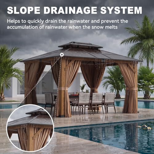 Image of Aoxun 10' x 12' Outdoor Wood Gazebo with Double Polycarbonate Top, Hardtop Gazebo Permanent Wooden Pavilion with Breathable Netting and Privacy Curtain for Patio, Garden, Deck, Cedar Wood, Natural
