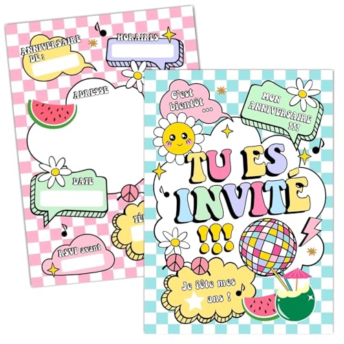 10 cartes d'invitation anniversaire enfant fille thème Hippie Rétro Girly rose | Fleurs Girl Power Boule à facettes | Kit invitations avec enveloppes |...