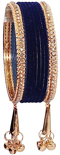 Image of NMII Metal with Zircon Gemstone and Velvet Studded Bells Latkan Bangles Set For Girls and Women I Latkan Bangles, Premium Bangle Bracelet Set I Pack of 16 Bangles