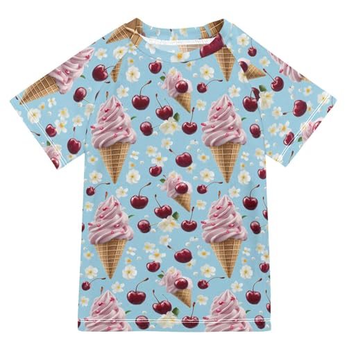 ALAZA Kids Rash Guard Girls Toddler Swim Shirts Short Sleeve Ice Cream Flower Cherry UPF 50+ 3T