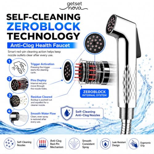 Image of Jet Spray Gun for Toilet | Health Faucet Gun Only | ZeroBlock Anti-Clog Silicone Nozzles | High Pressure Health Faucet | Leak-Proof Stainless Steel Body | Flush Gun for Toilet 1 Year Warranty Chrome
