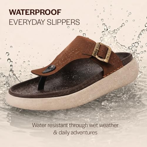 Image of FAUSTO Men Buckle Adjustable T-Strap Side Stitched Summer Waterproof Slip On Sandals|Comfort Featherlite Insole|Thong Slipper for Monsoon Rainy Season